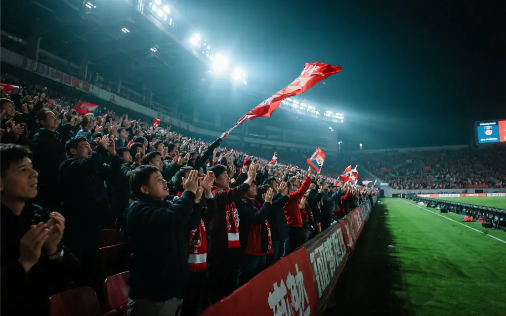 世界杯看台终场前的紧张气氛，球迷起立鼓掌与挥旗，灯光聚焦在观众席上