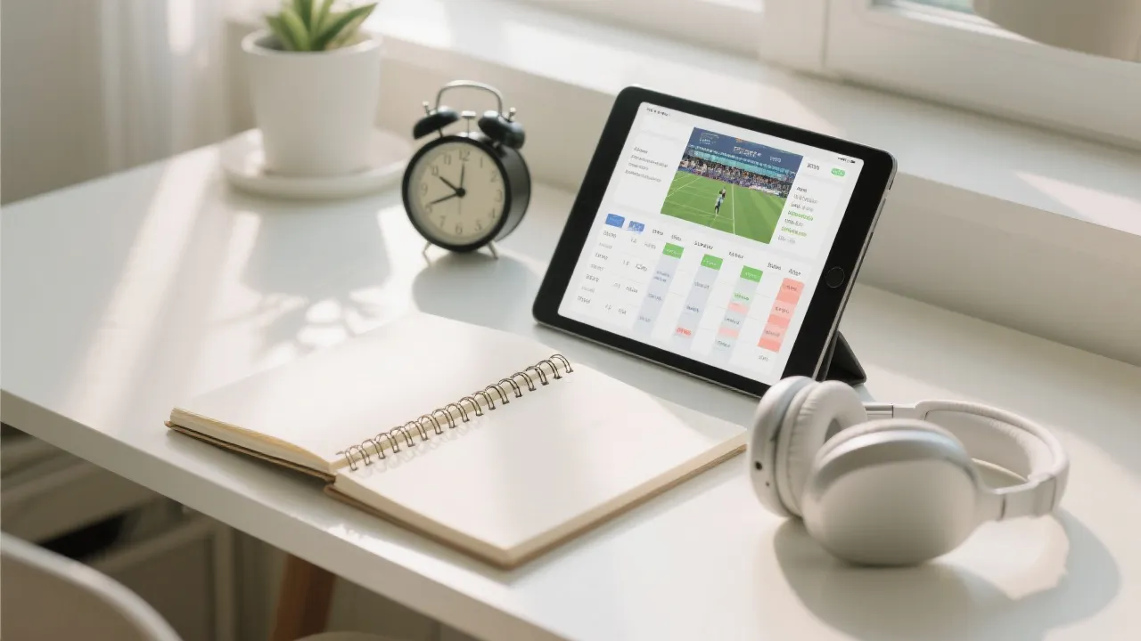 书桌前用笔记本与平板同时查看赛程与直播的场景图